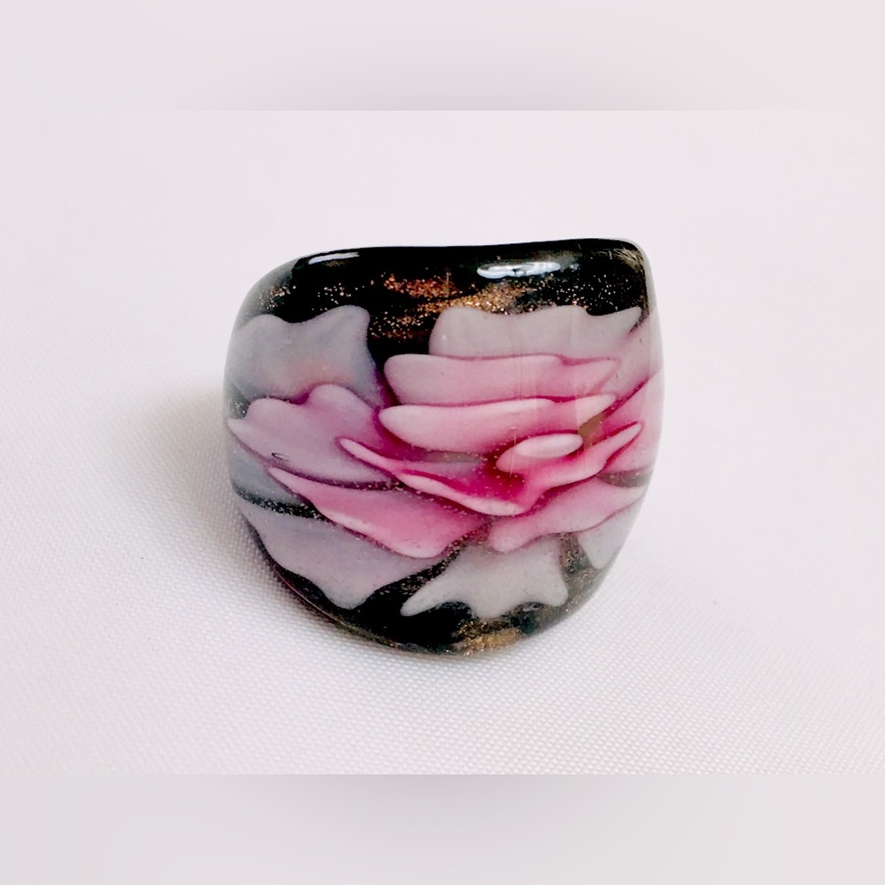 Awesome Pink Black 3D Flower In Goldstone Art Glass Ring